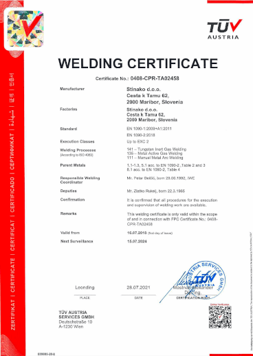 stinako certificate en-1090-welding